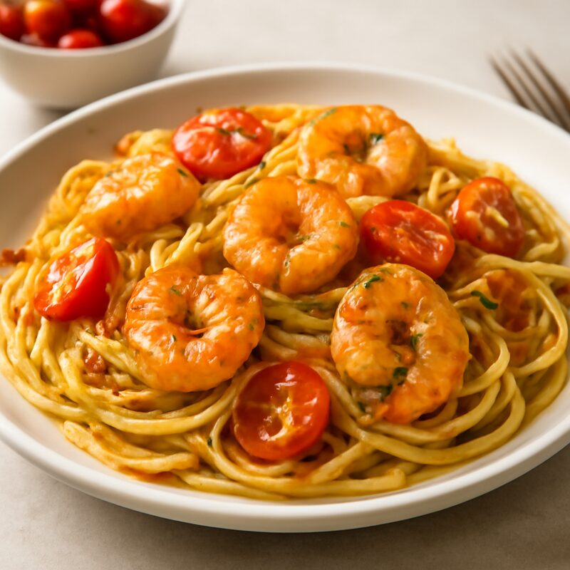 Pâtes aux crevettes et tomates cerises — recette créée par SoChef